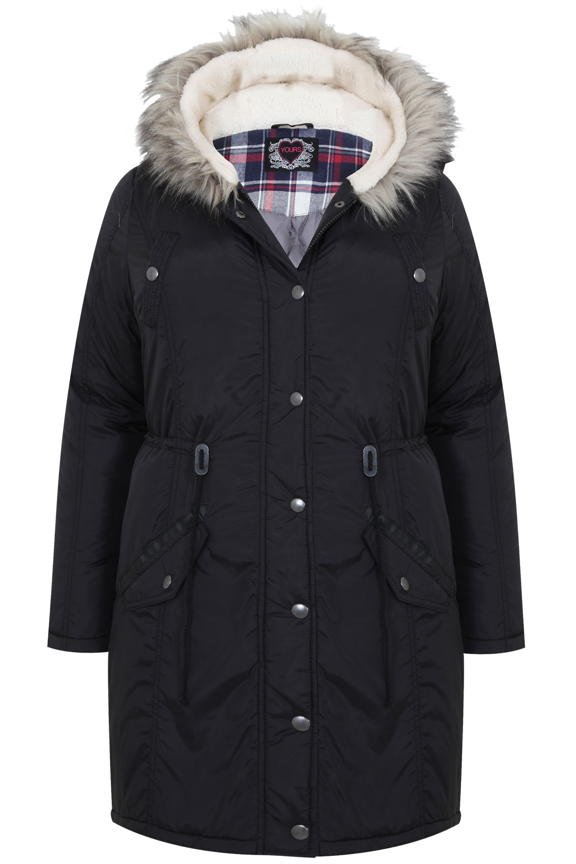 Black Fishtail Parka Coat With Fur Hood Plus Size 16 to 36