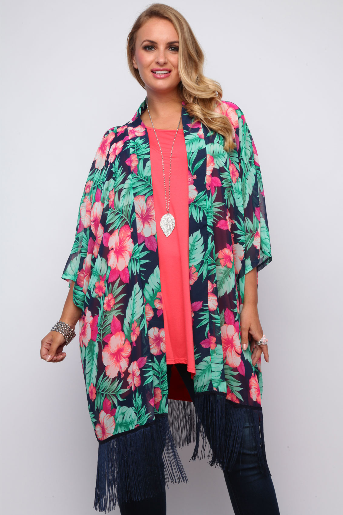 Multi Tropical Print Sheer Longline Kimono Shrug With Fringed Hem plus ...