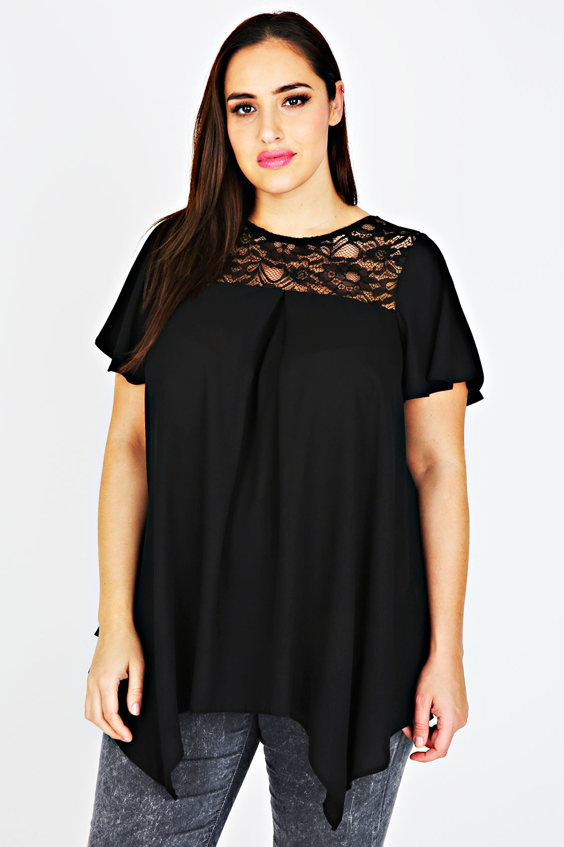 Black Short Sleeve Swing Top With Black Lace Yoke