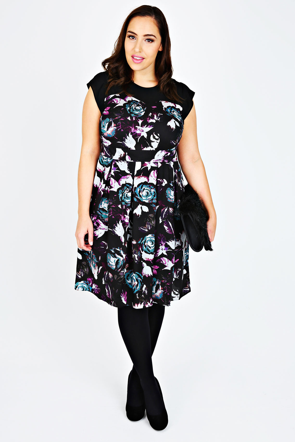 Black & Multi Rose Print Midi Dress With Chiffon Yokeplus Size 14 to 32