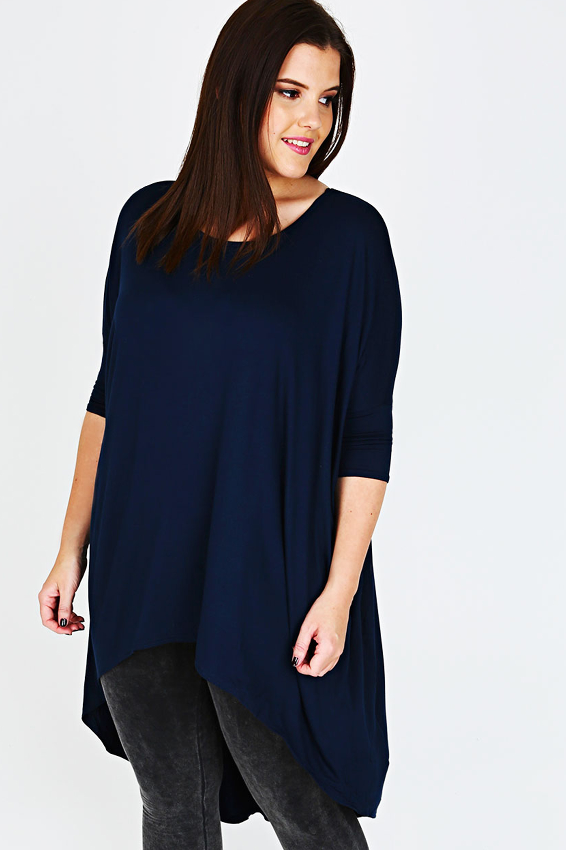 Navy Oversized Top With Extreme Dipped Hem plus Size 14 to 32