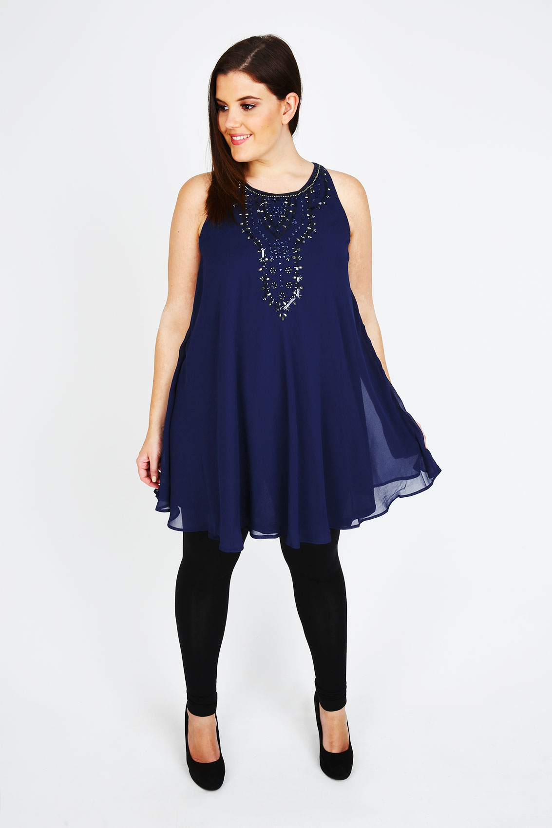 Navy Chiffon Sleeveless Swing Tunic Dress With Black Embellishment