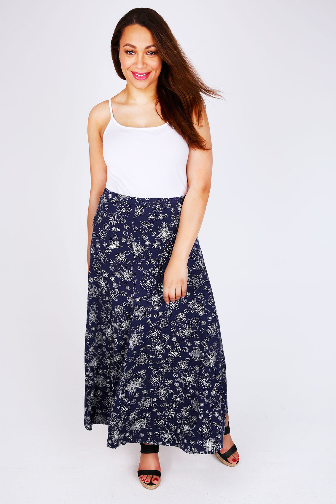 Navy & White Dotted Floral Print Jersey Maxi Skirt With Pane plus Size ...