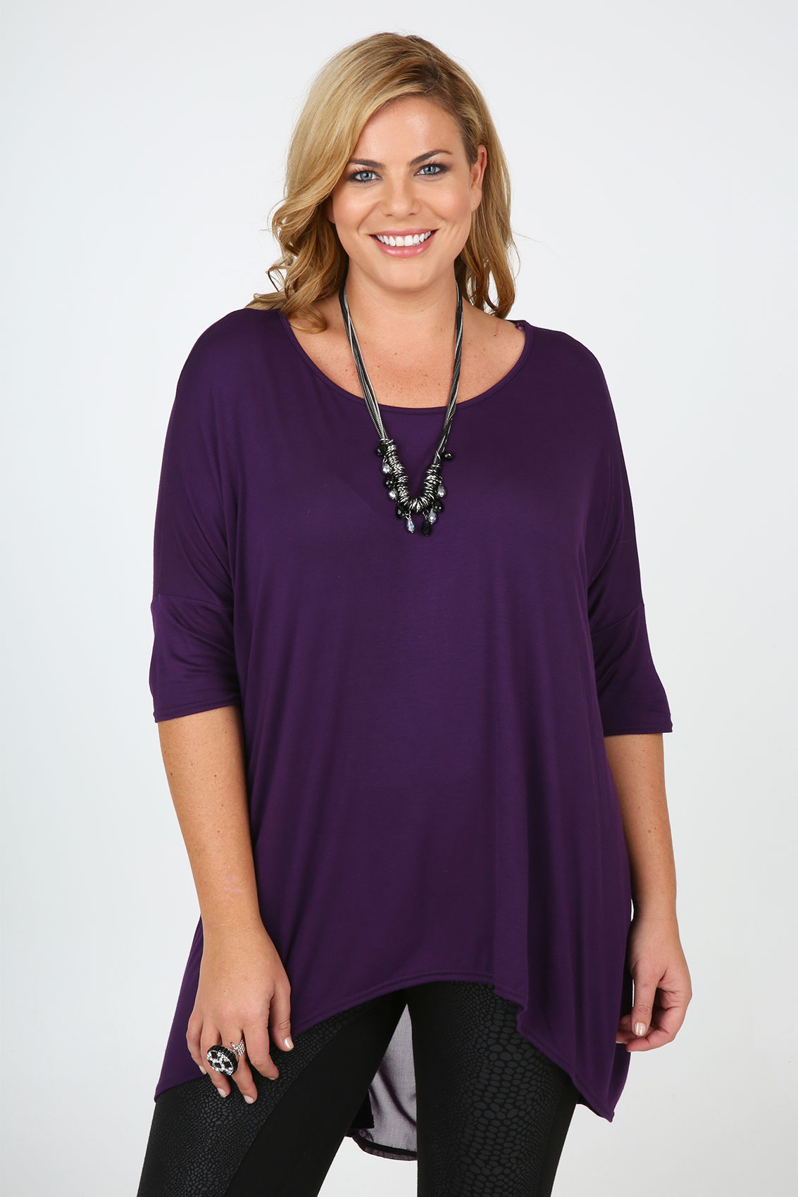 Purple Oversized Dipped Hem Batwing Top With Sheer Panel plus Size 14 to 32