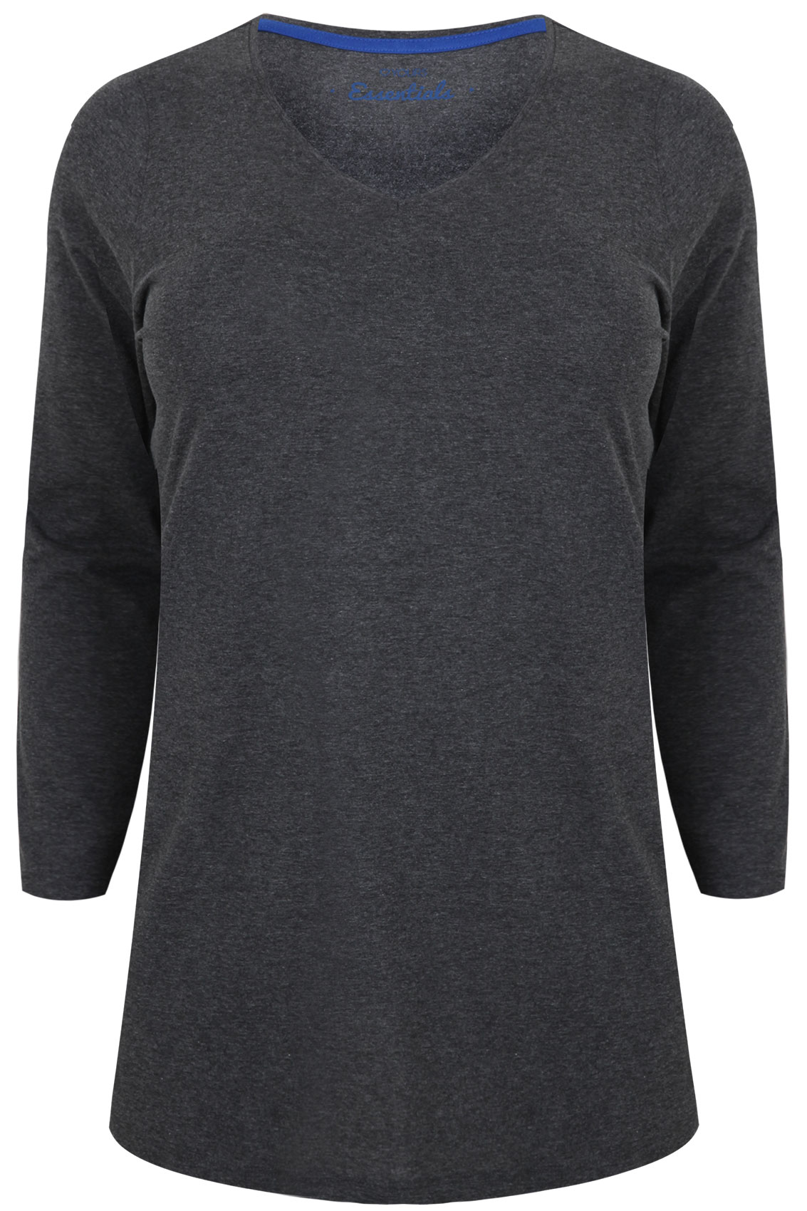 Grey Marl Long Sleeve V-Neck Plain T-Shirt Plus Size 16 to 36