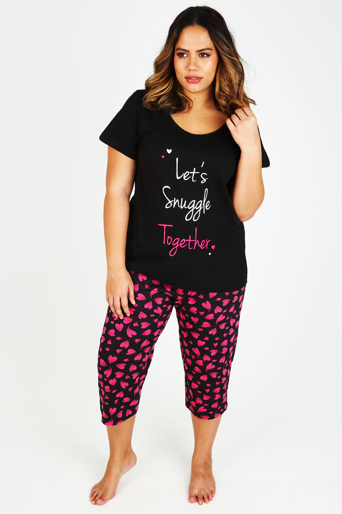 Black & Pink Heart Print Cropped Pyjama Bottoms plus Size 14 to 36