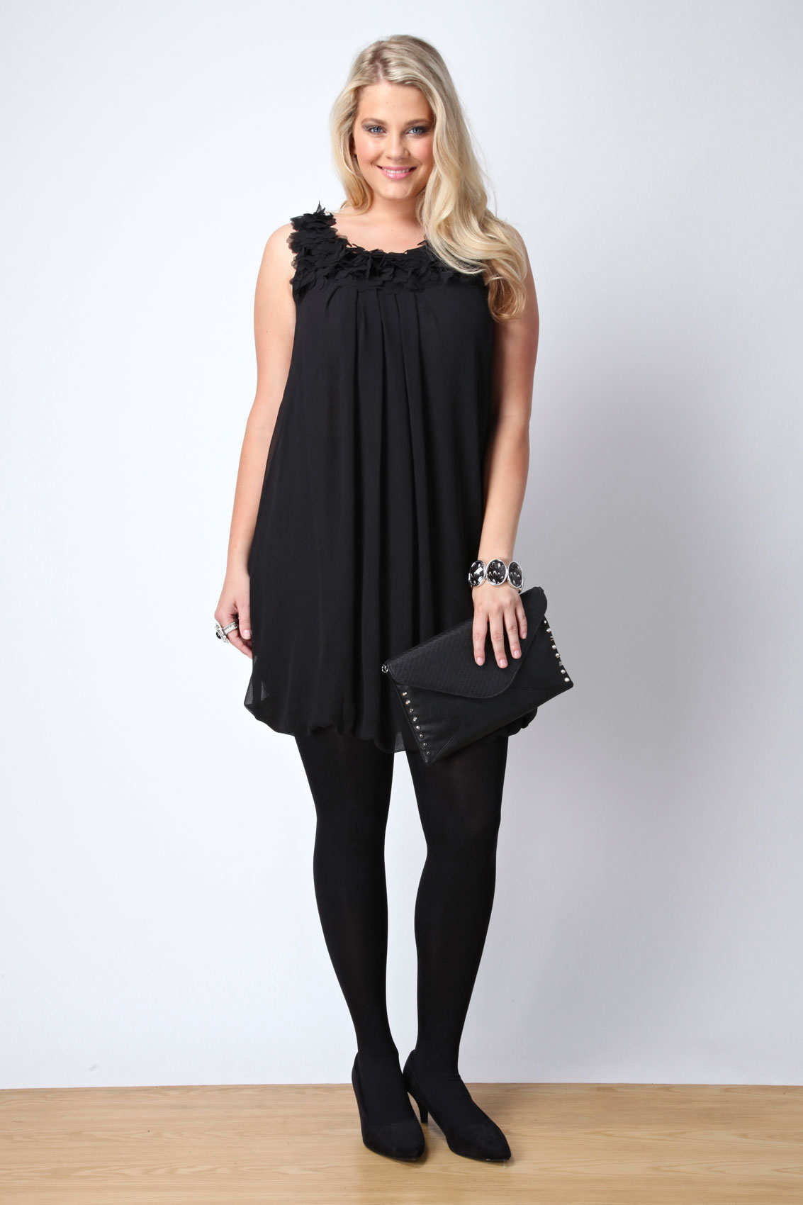 Black Bubble Hem Tunic Dress With Petal Neckline Detail