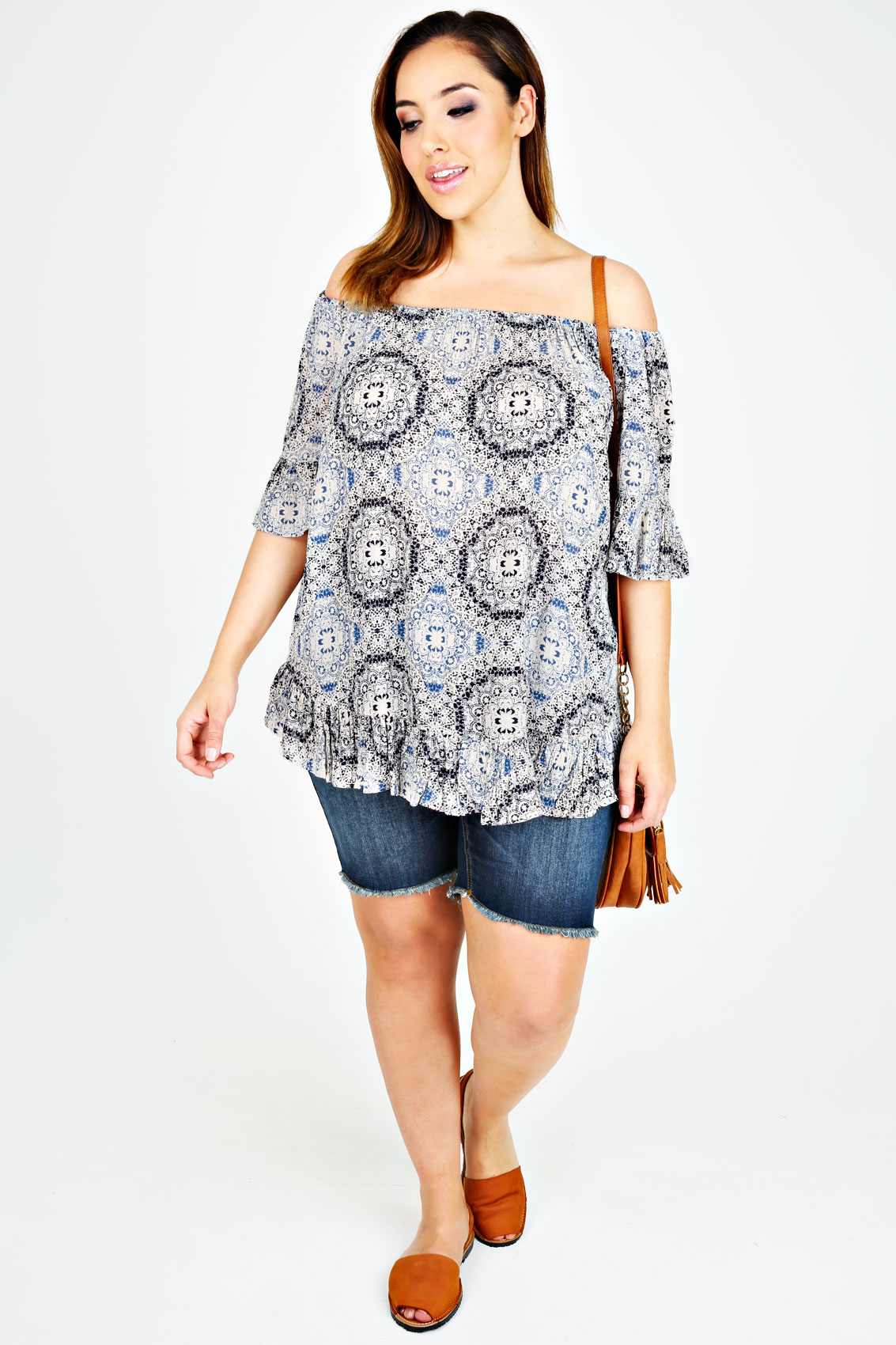 Blue Tile Print Frill Gypsy Crinkle Top With Elasticated NecklinePlus ...