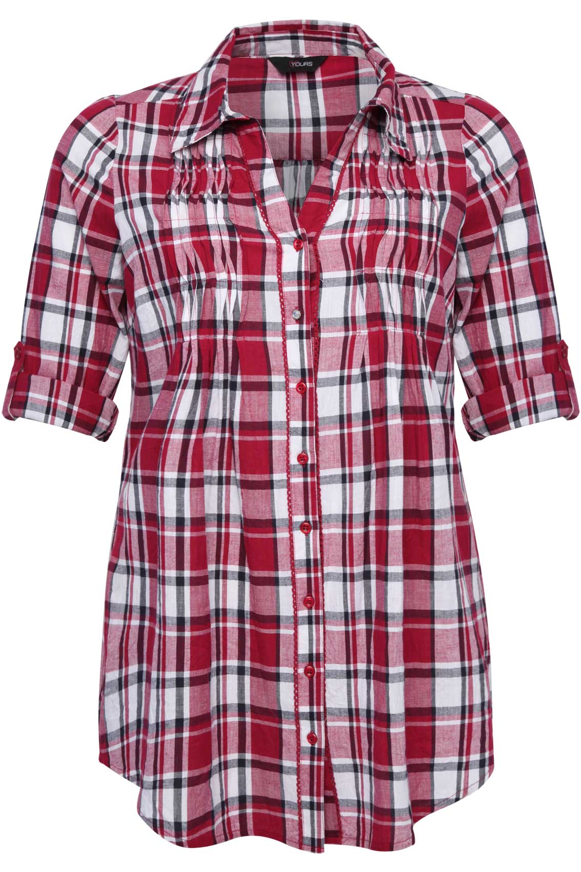 Red And White Checked Shirt With Pleating And Lace Trim plus Size 16 to 32
