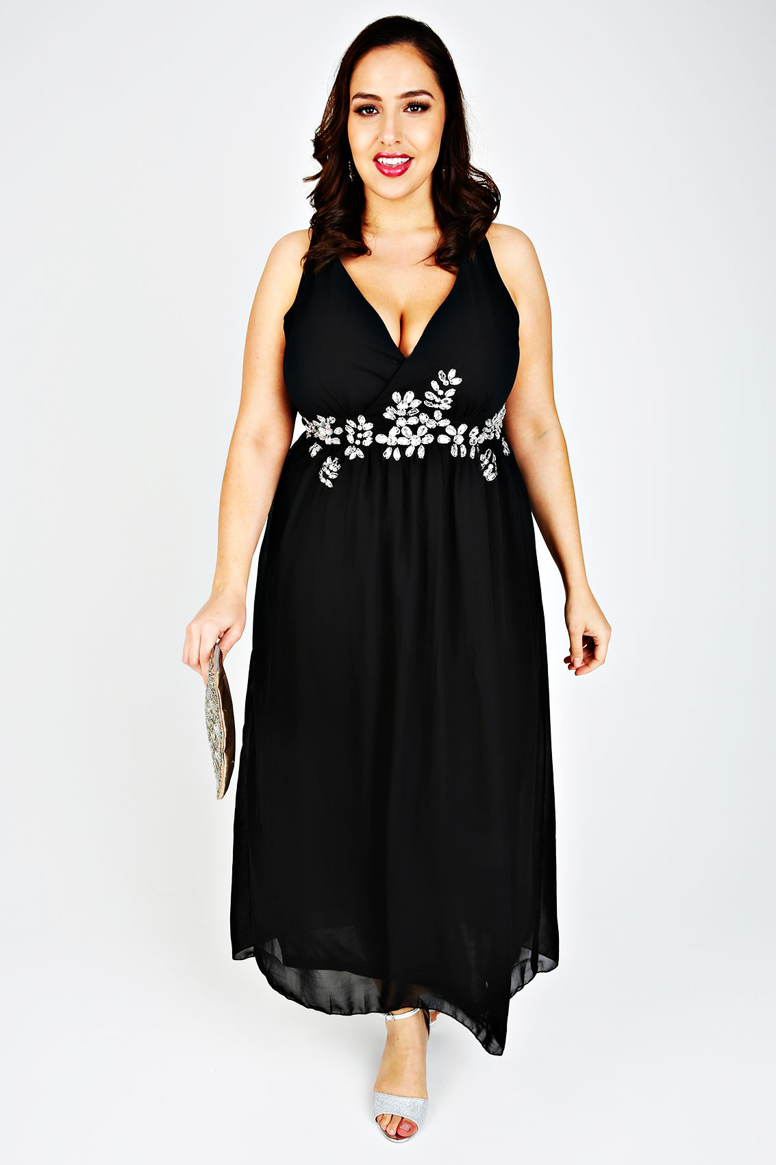 Black Cross Over Maxi Dress With Embellished Waist Plus Size 14 to 32