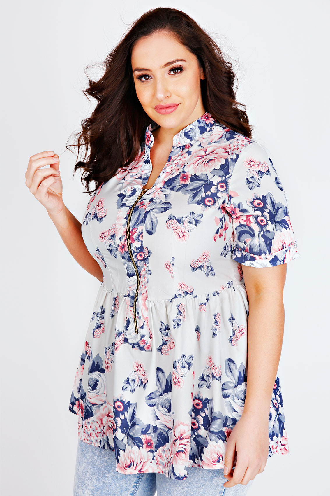 Blue & Pink Floral Pastel Longline Top With Ruched Waist & Zi Front ...