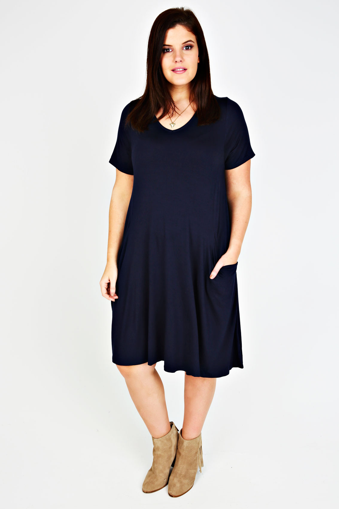 Navy Jersey Dress With Drop Pockets Plus Size 16 to 36