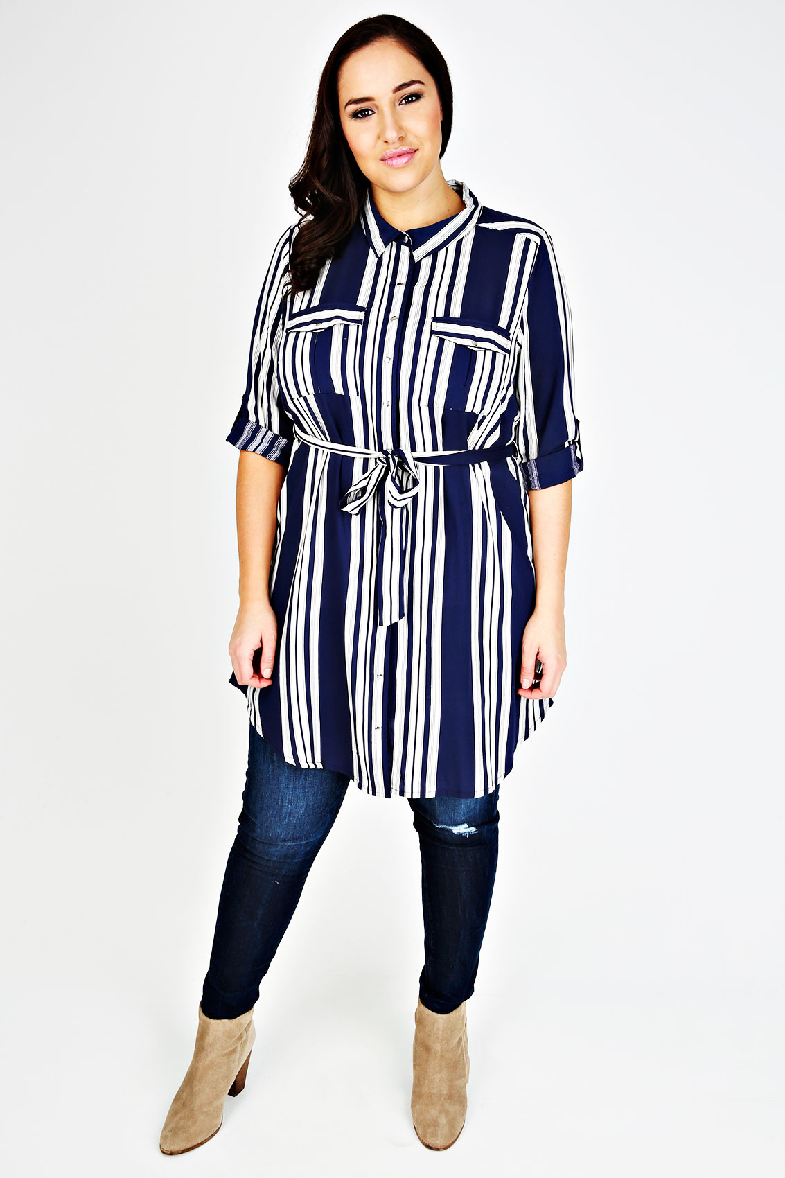 Navy And Ivory Striped Shirt Tunic With Tie Waist Plus size 14,16,18,20 ...