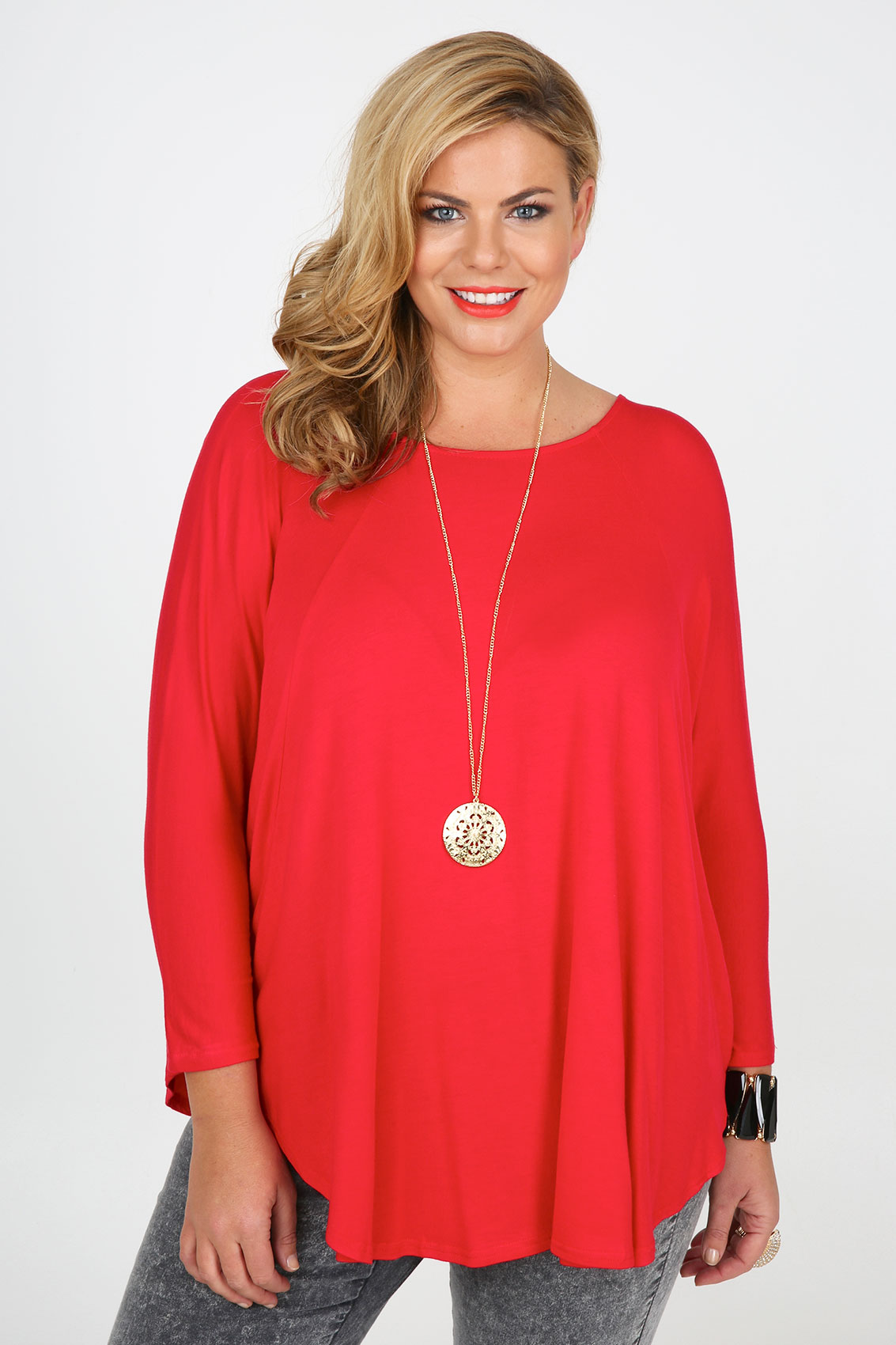 Red Panelled Longline Jersey Top With Curved Hem plus size 14,16,18,20 ...