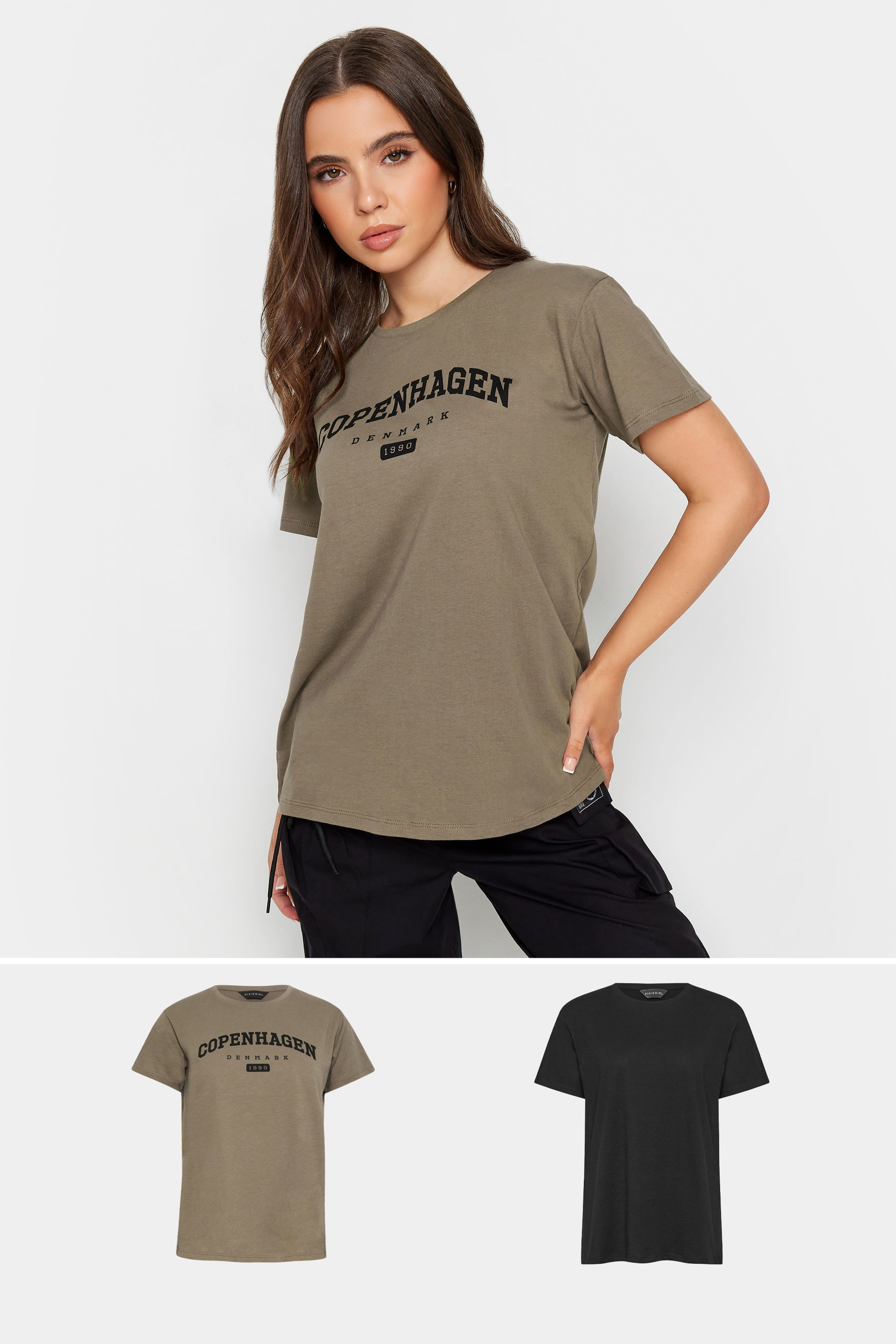 Pixiegirl 2 Pack Black & Brown 'Copenhagen' Slogan Tshirts 16 Pixiegirl | Petite Women's T-Shirts product