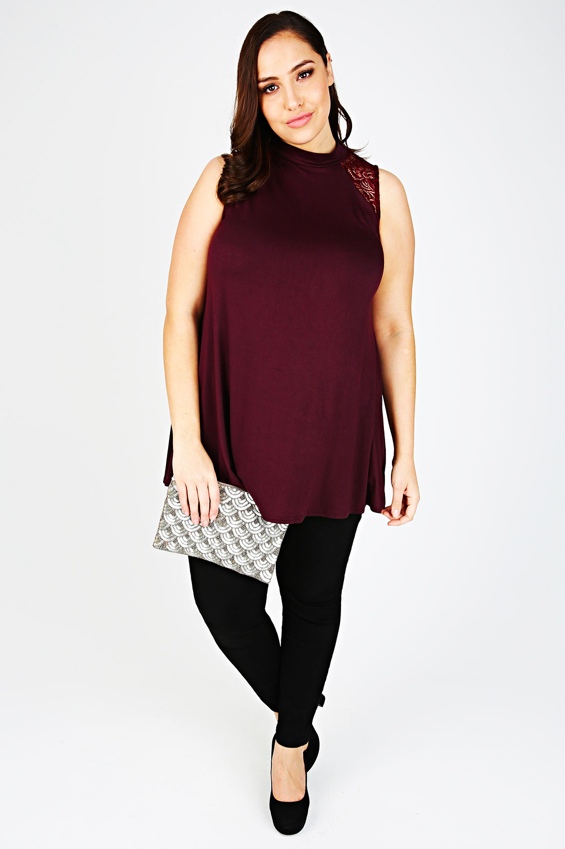 Burgundy High Neck Sleeveless Swing Top With Lace Inserts plus size 16 ...