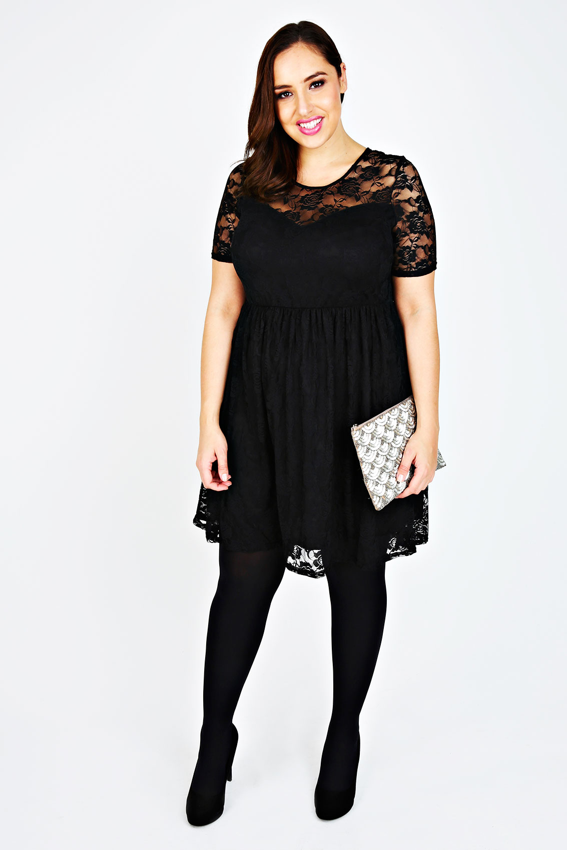Black Short Sleeve Lace Skater Dress Plus size 14,16,18,20,22,24,26,28 ...