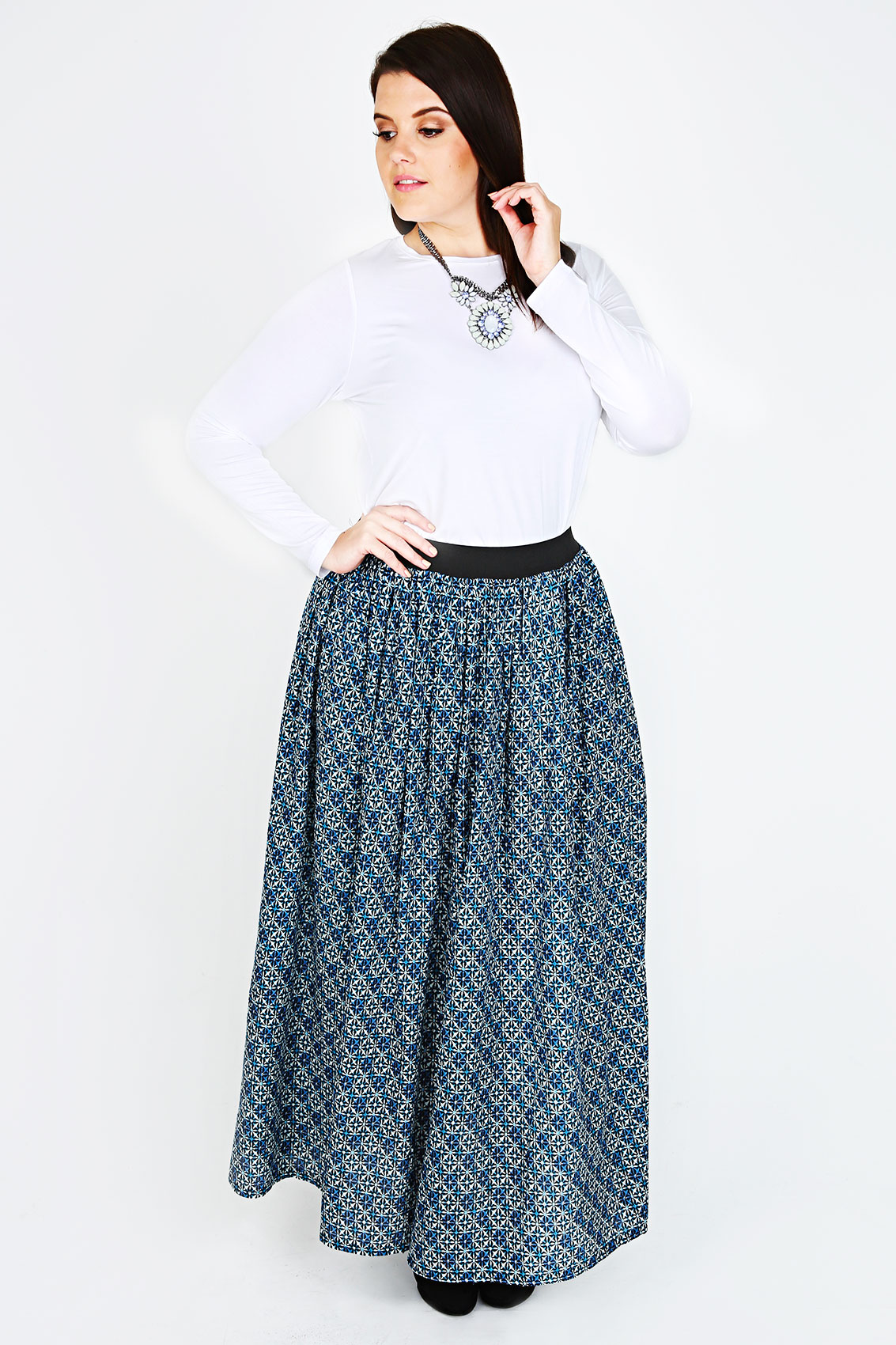 Blue, White & Black Geometric Print Flare Skirt With Elasticated Waist ...