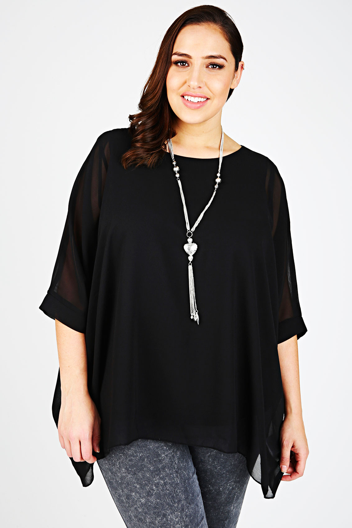 Black Bat Wing Sleeve Chiffon Top With Necklace Plus Size 14 to 36