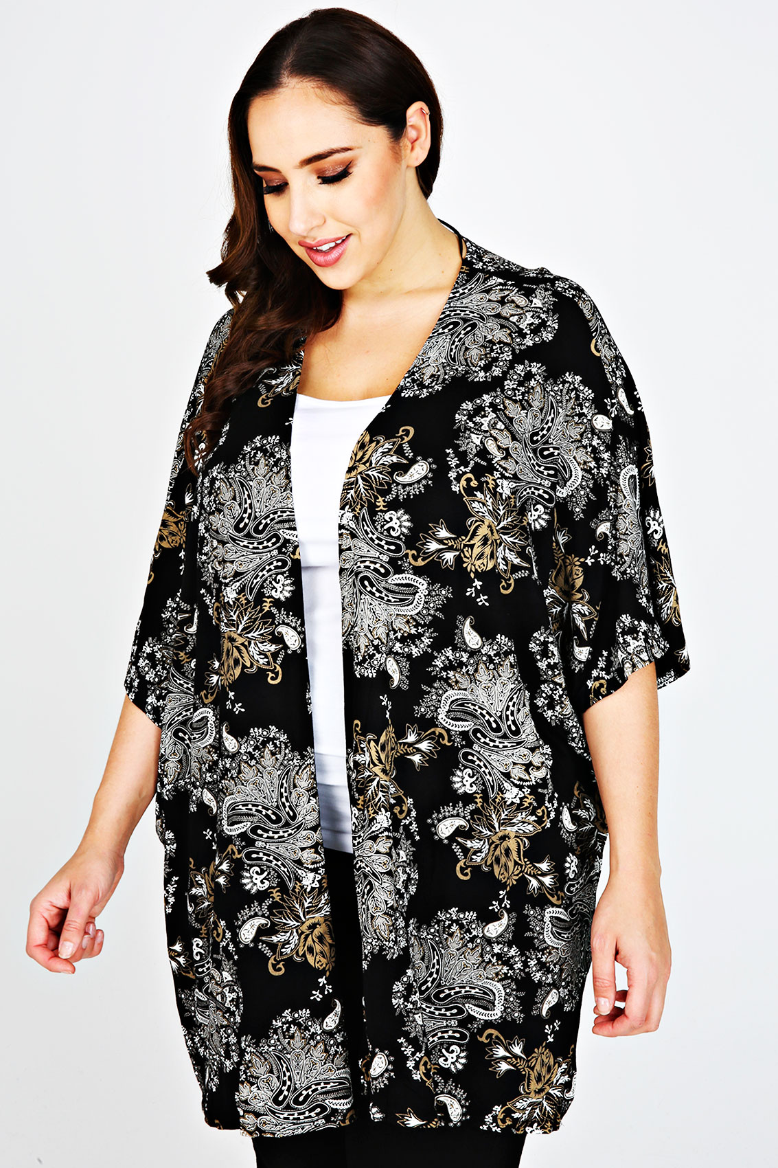 Black & Multi Vintage Oriental Paisley Print Kimono Plus Size 14 to 32