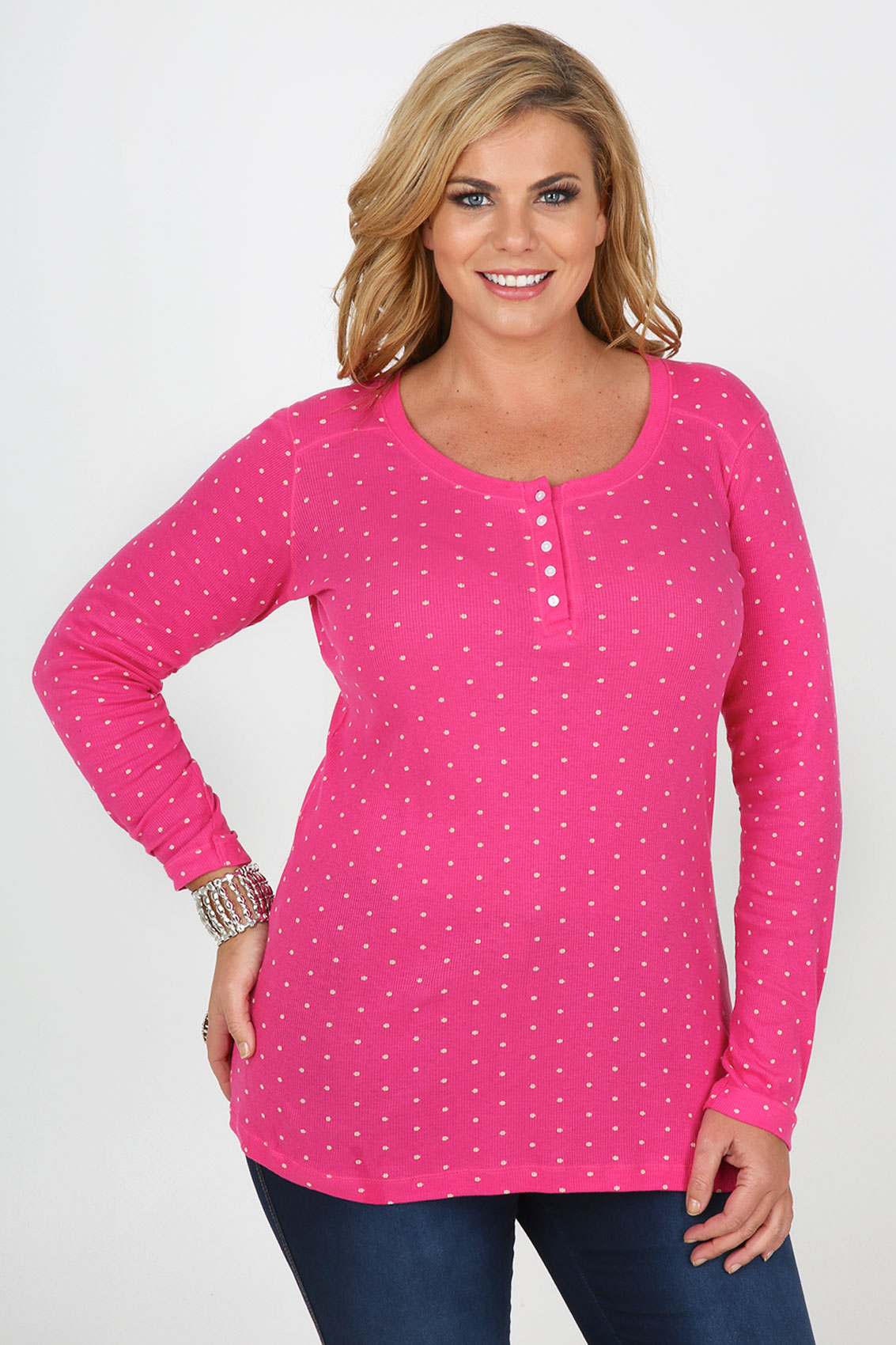 Hot Pink And Ecru Polka Dot Ribbed Long Sleeved T-shirt plus size 16,18