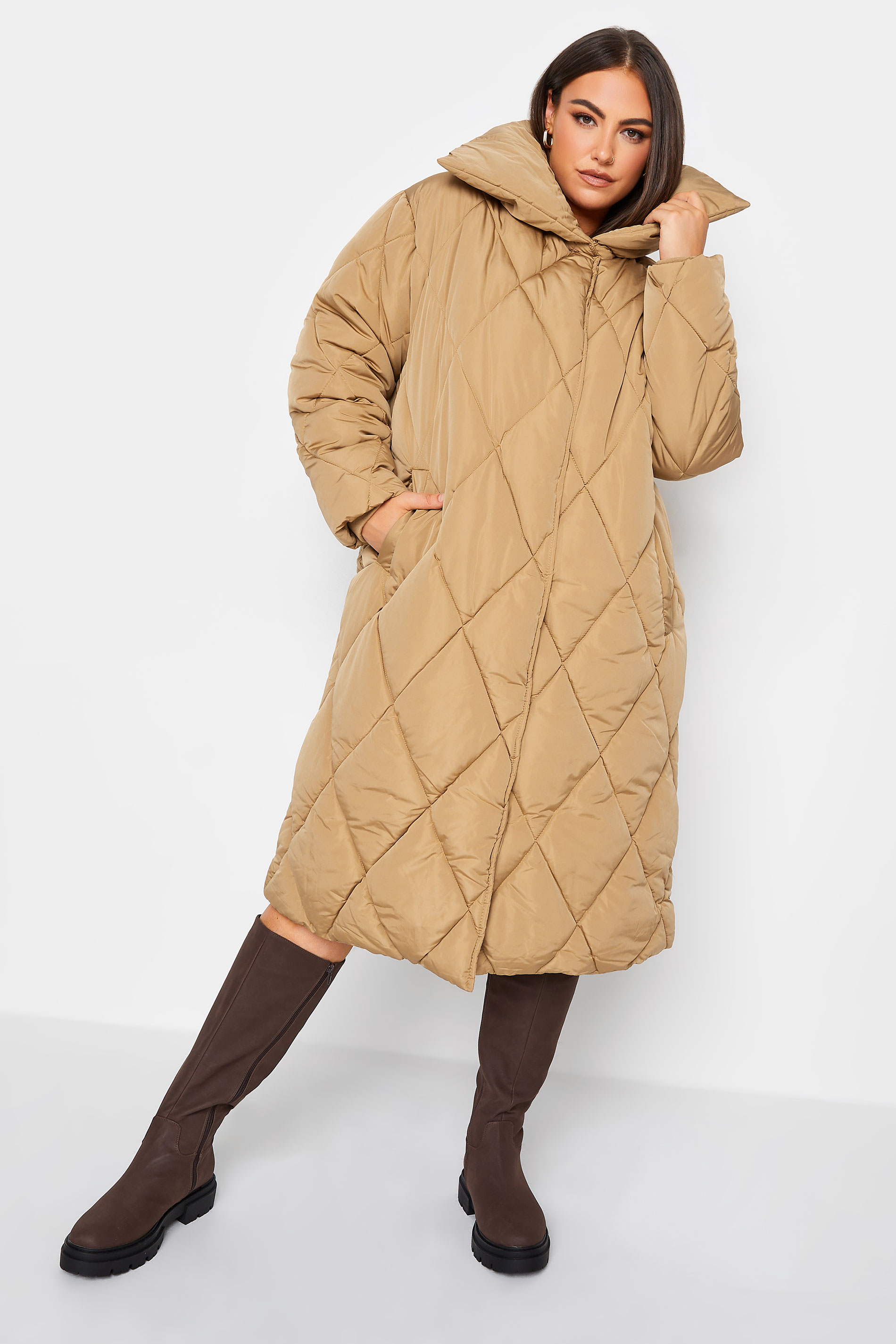 Yours Curve Beige Brown Quilted Puffer Coat, Women's Curve & Plus Size, Yours