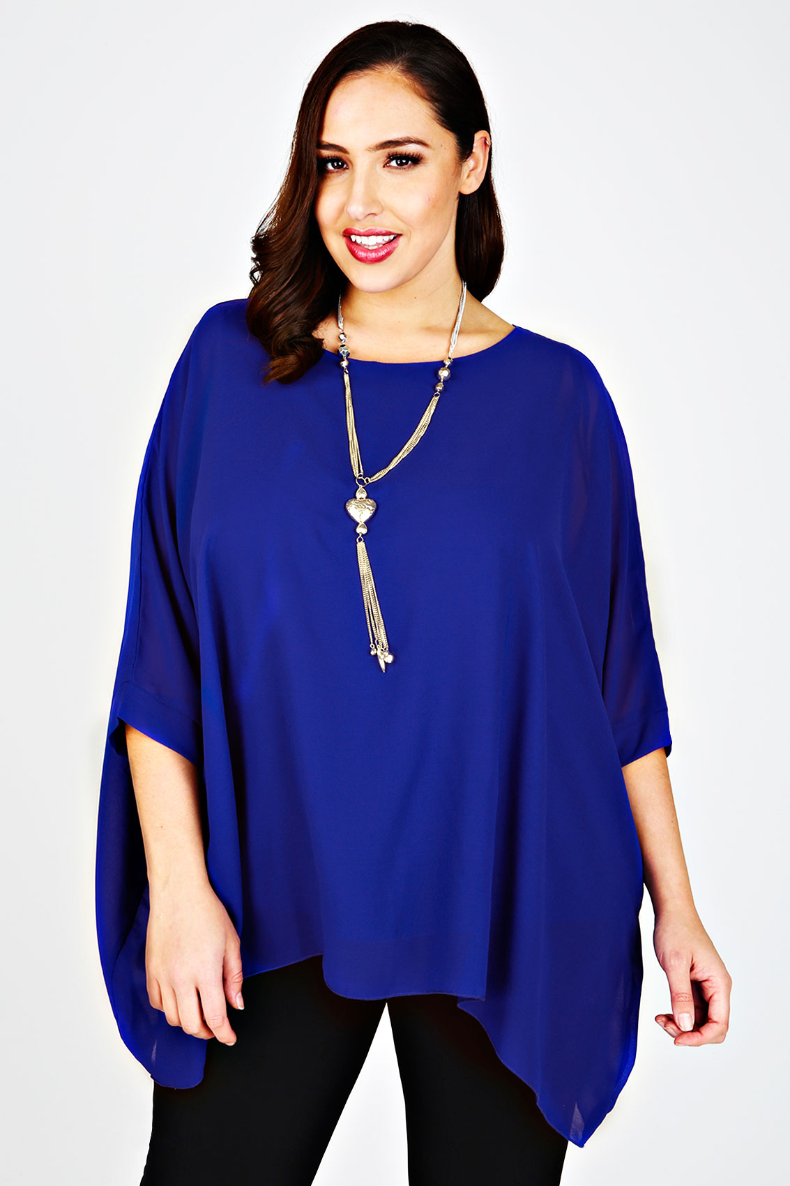 Blue Batwing Sleeve Chiffon Top With Necklace