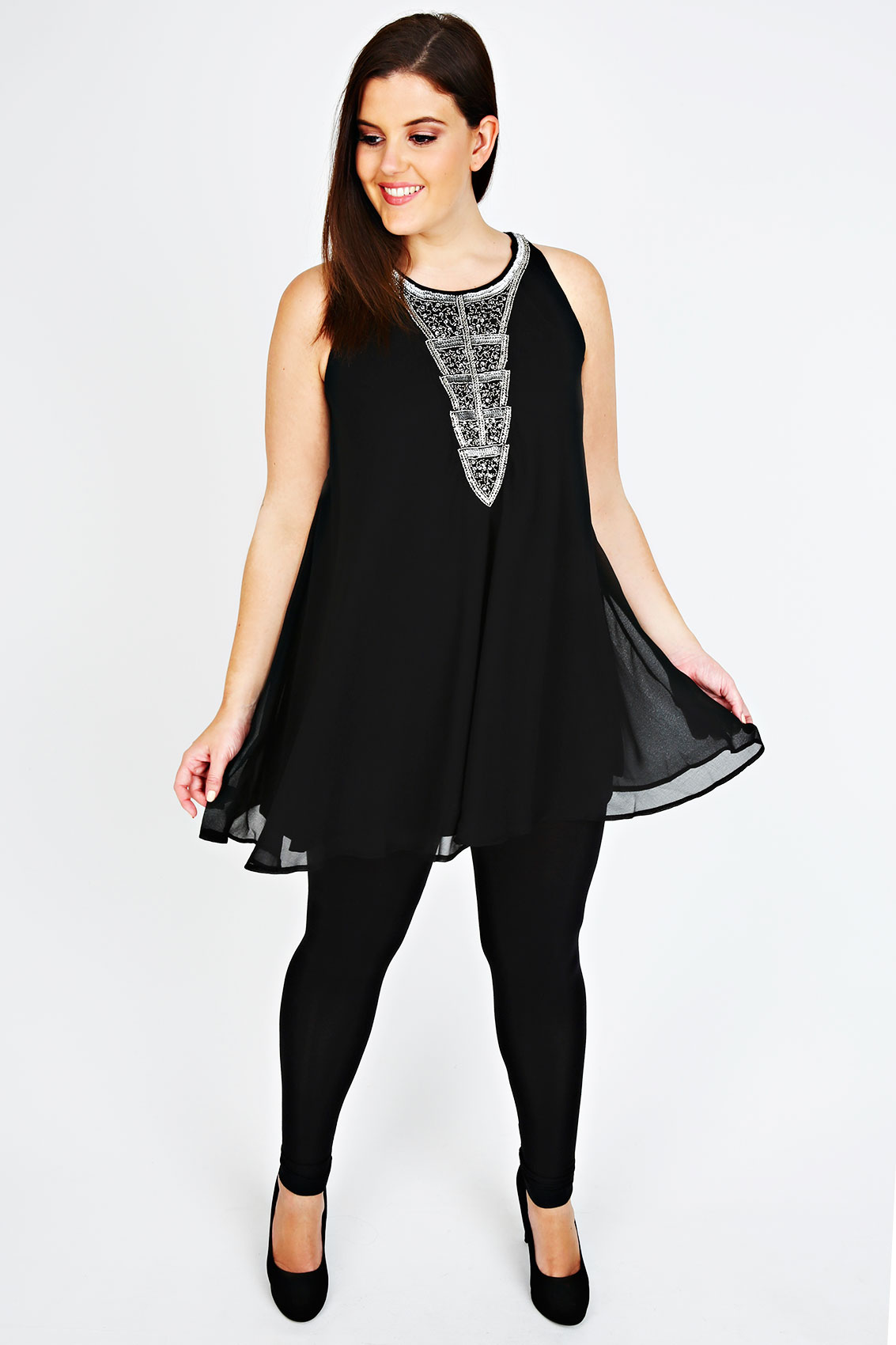 Black Chiffon Sleeveless Dress With Silver Embellishment plus size 16 ...