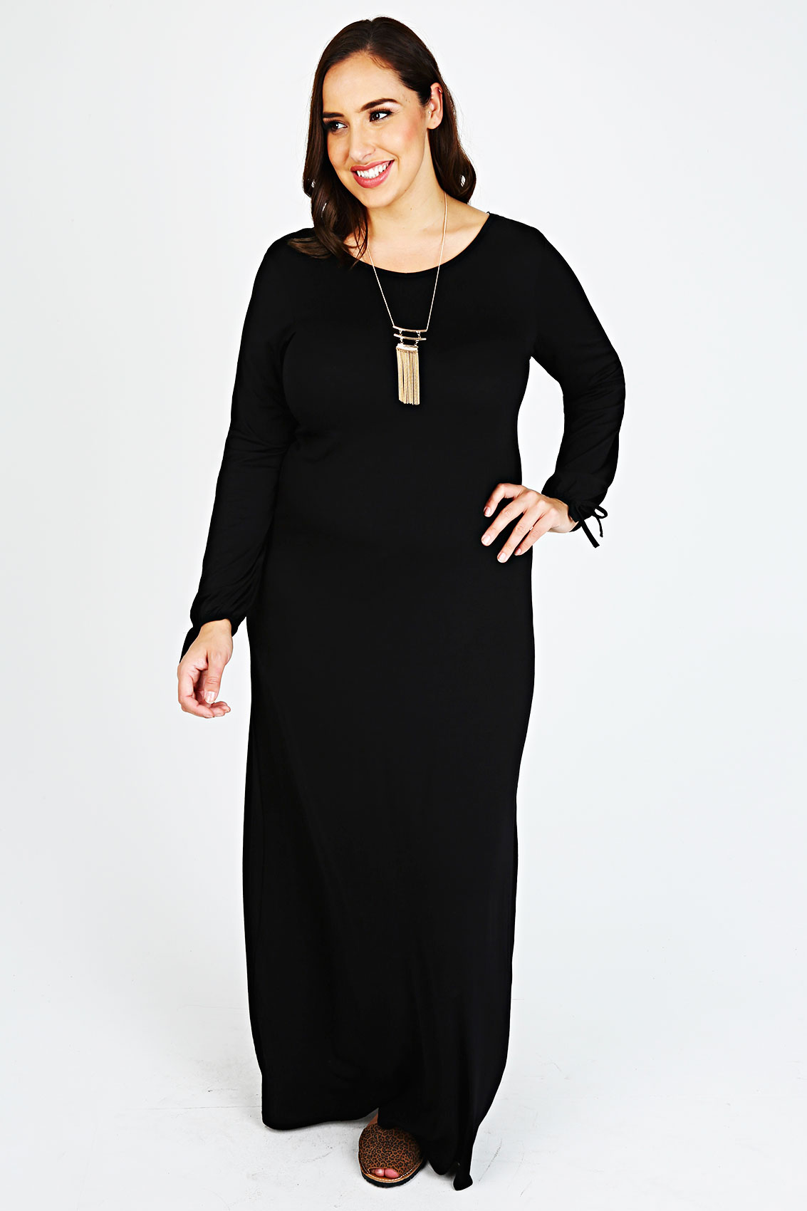 Black Long Sleeve Maxi Dress With Gathered Sleeves Plus size 14,16,18 ...