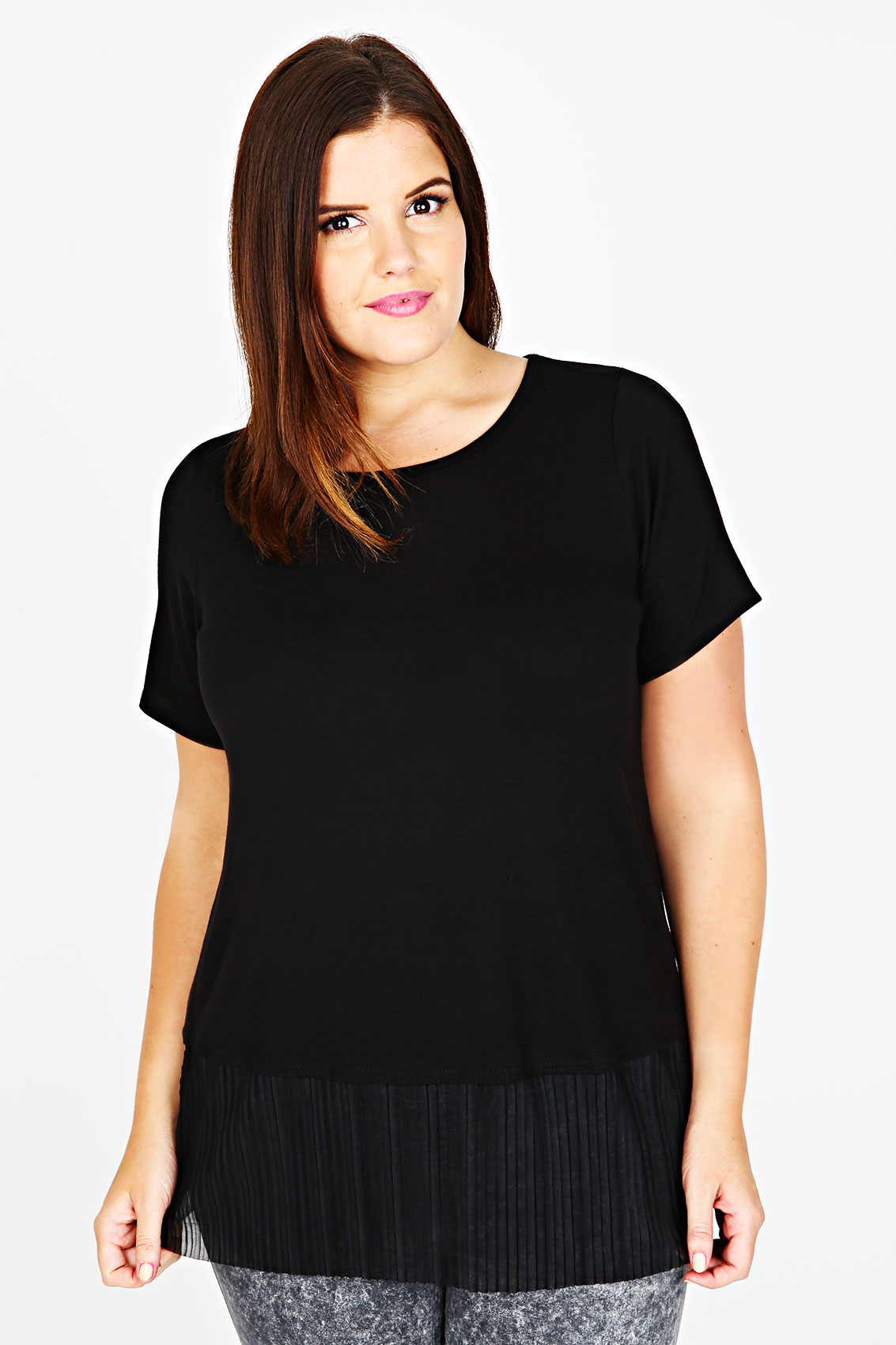 Black Short Sleeve Top With Sheer Pleated Hem plus size 16,18,20,22,24 ...