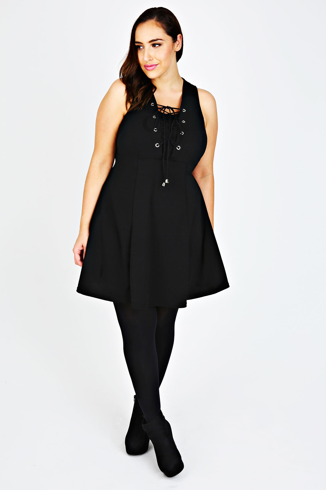 Black Skater Dress With Lace Up V Neckline Plus Size 14161820222426283032 8077