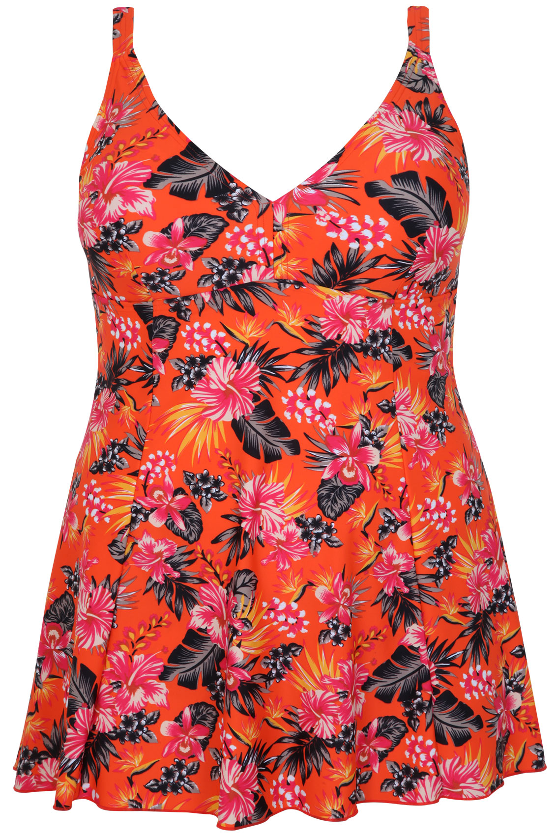 Orange & Multi Tropical Print Princess Seam Swimdress With TUMM Plus ...