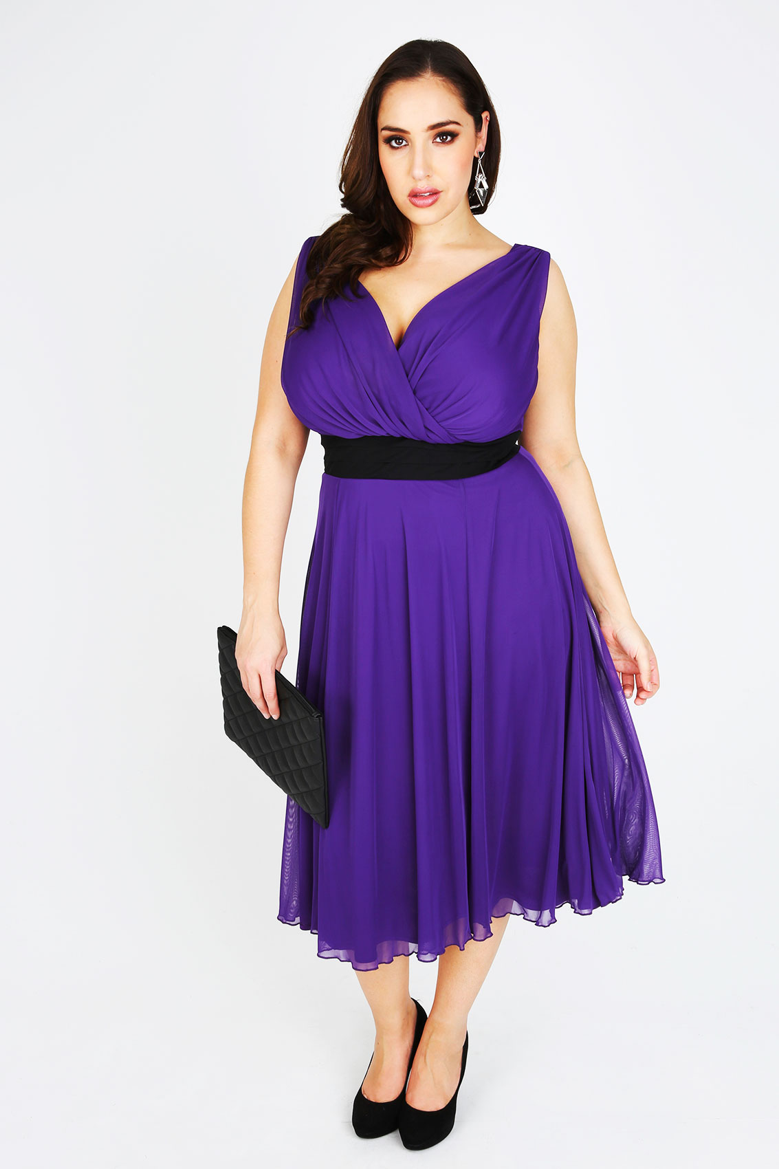 Purple Floaty Prom Dress With Black Ruched Waist Band plus size 14,16 ...