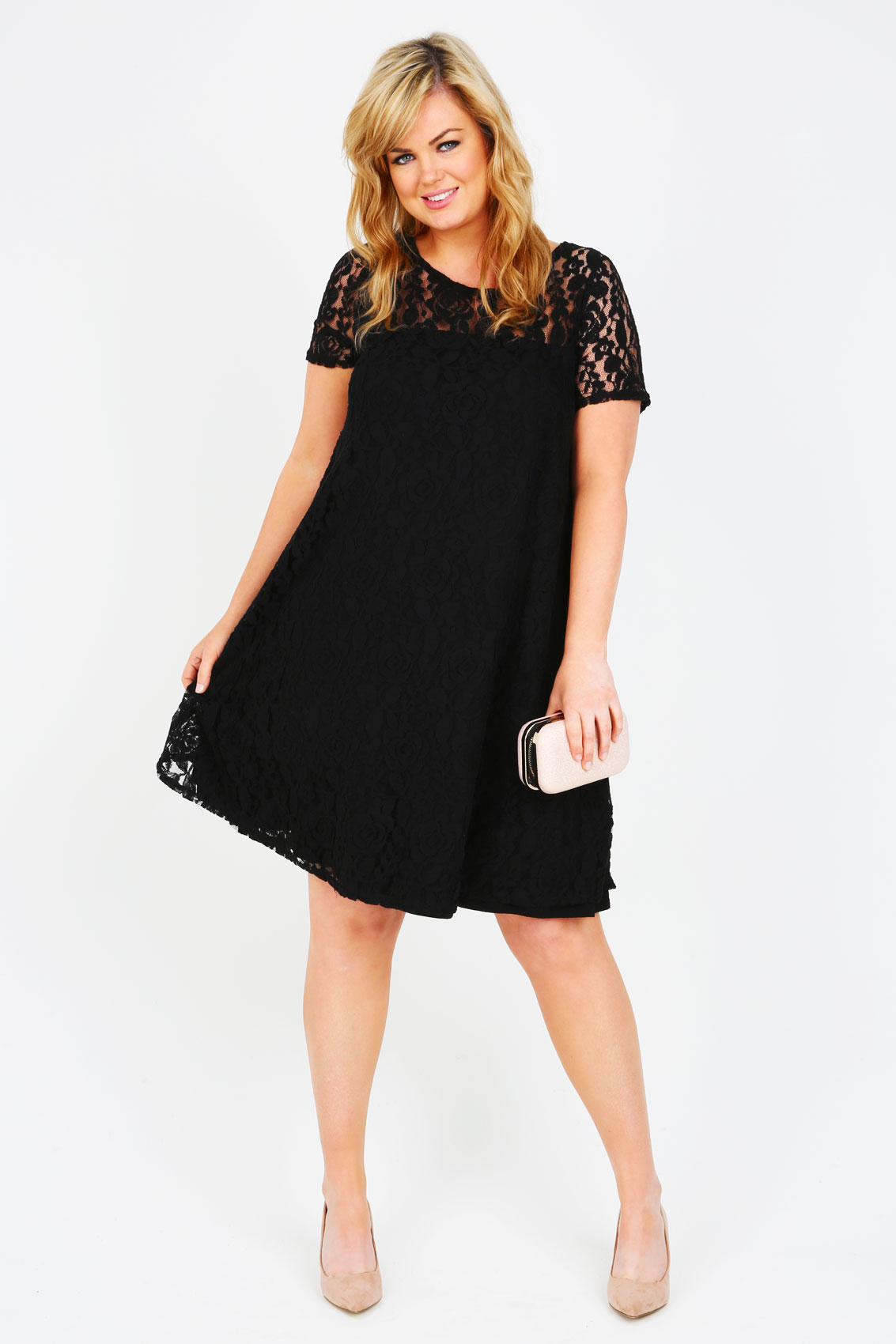 Black All Over Lace Swing Dress With Contrast Yoke plus Size 16 to 32