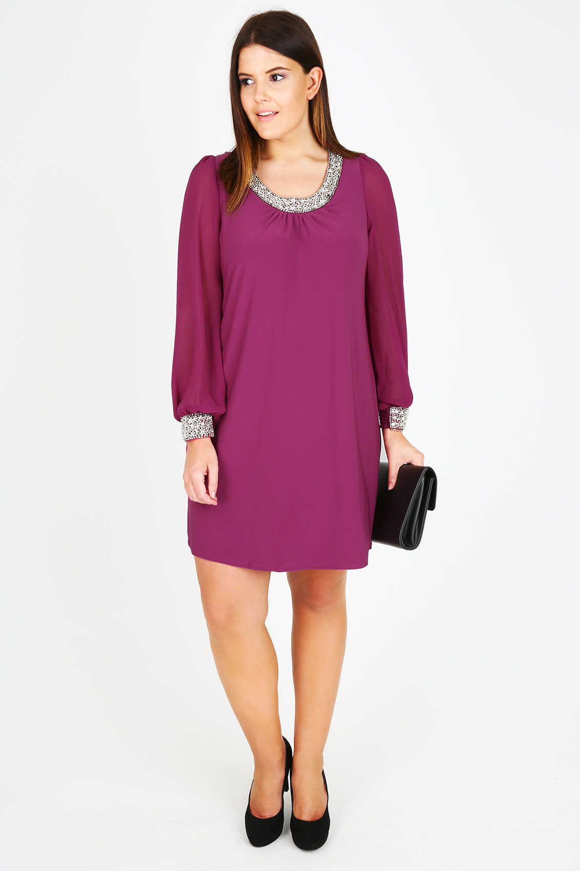 Magenta Chiffon Sleeved Dress With Silver Bead Embellishment plus Size ...