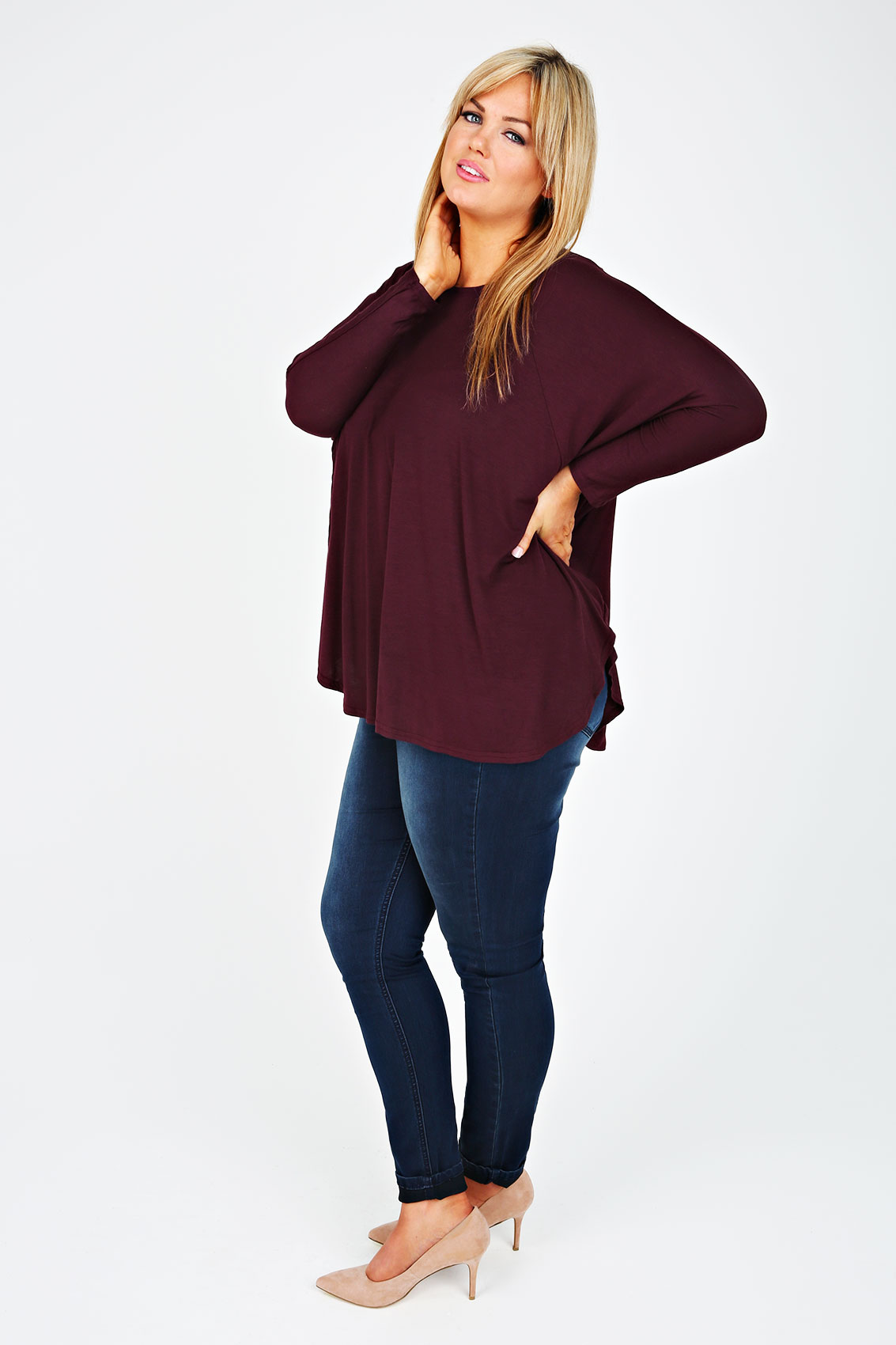 Aubergine Panelled Longline Jersey Top With Curved Hem plus size 14,16 ...